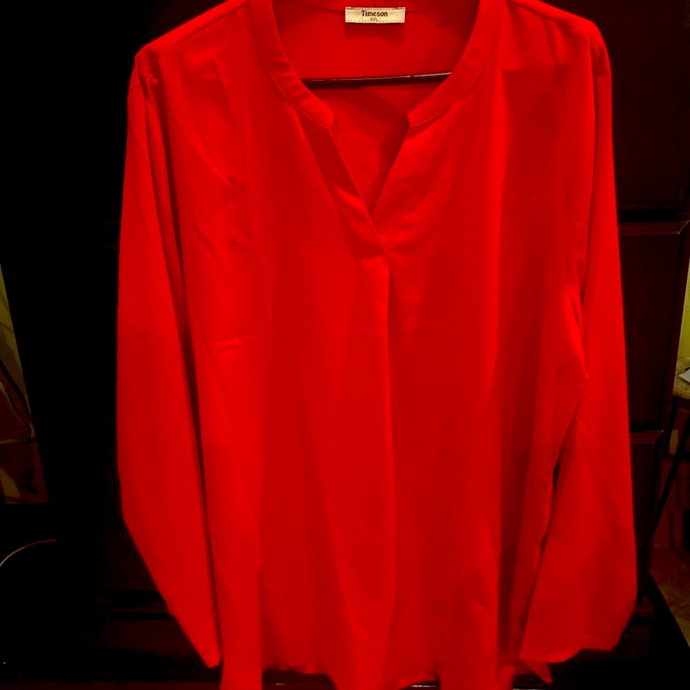 Tahari Red Boxy Blouse with Mandarin Collar